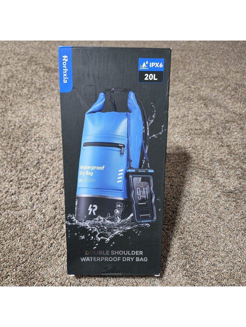 Rorhxia 20L Waterproof Dry Bag IPX6 Blue w/ Phone Pouch Double Shoulder
